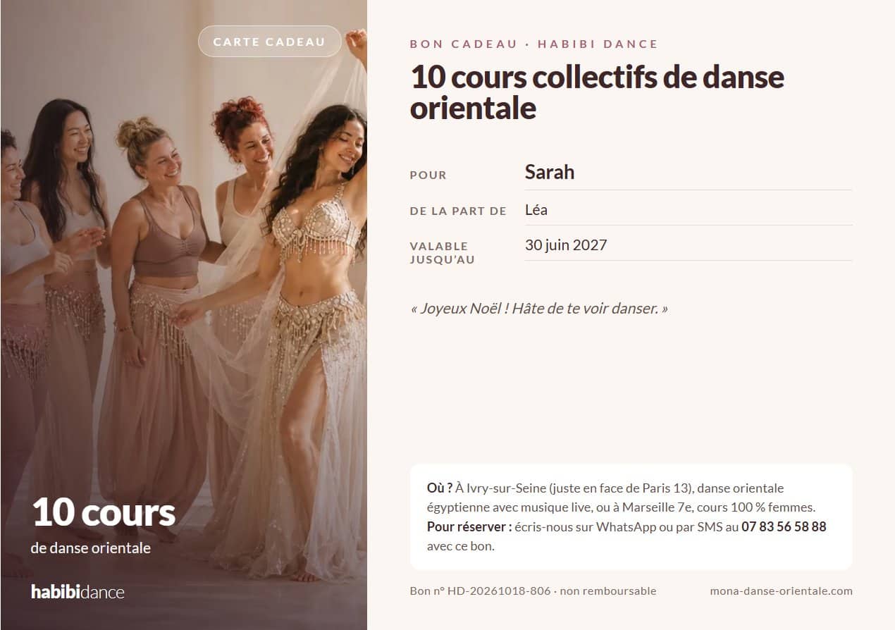 Exemple de bon cadeau Habibi Dance pour 10 cours de danse orientale